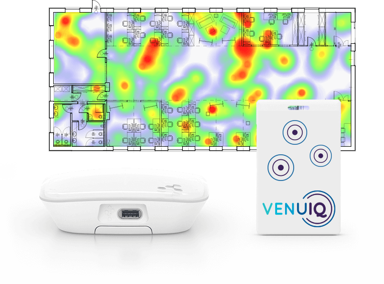 card beacons locate and track heat map graphic at an event. Available from VenuIQ.