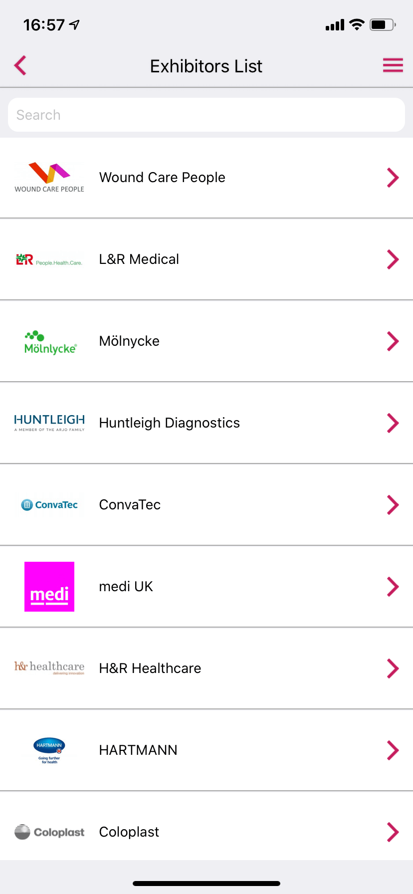 Exhibitors list of an event app by VenuIQ